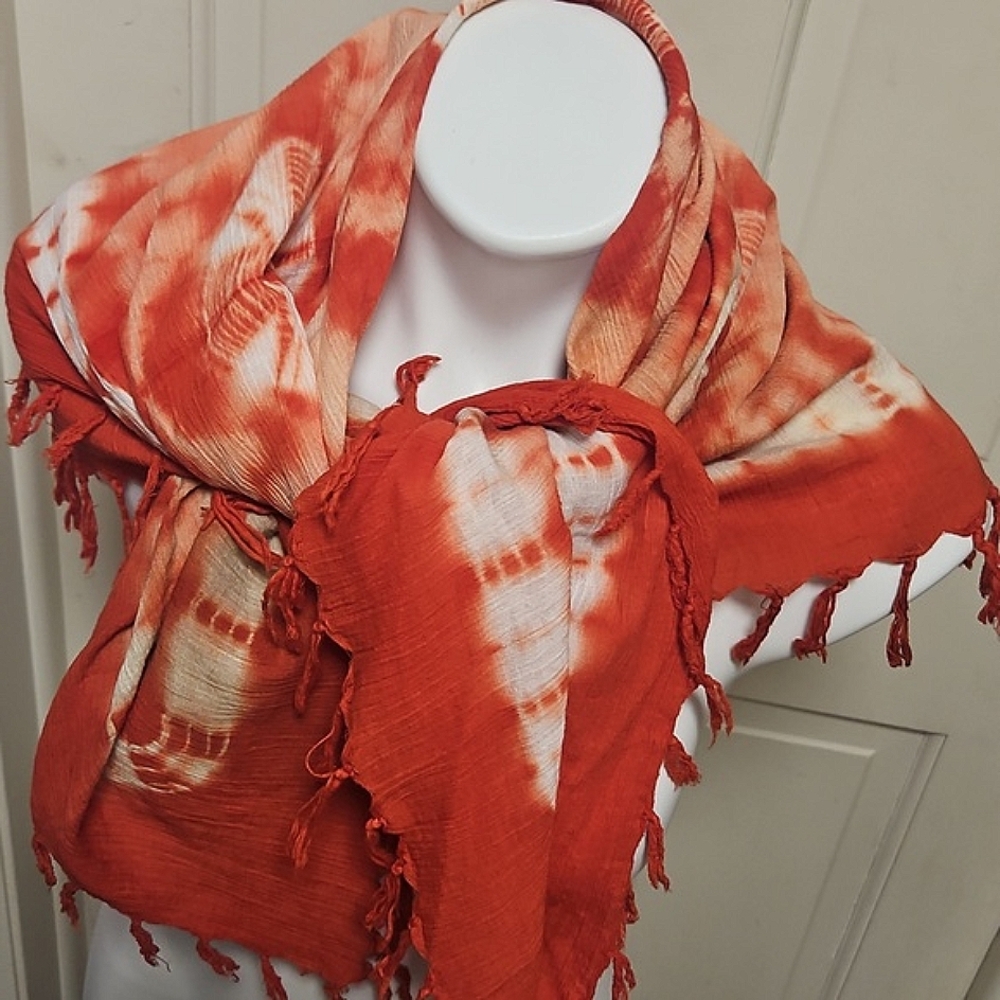 Red Cotton  Tie-Dye Scarf with Fringe